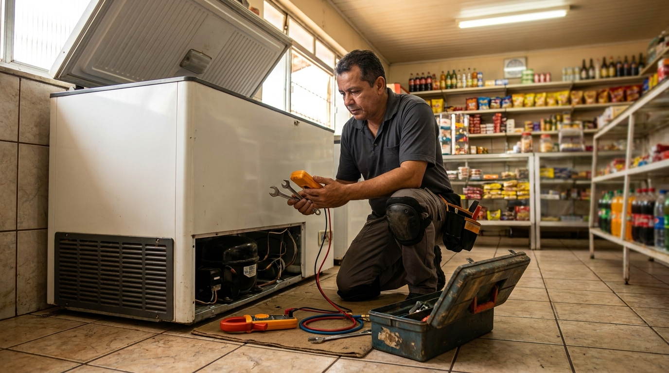 Profissional executando manutenção no motor de freezer em Montes Claros‑MG