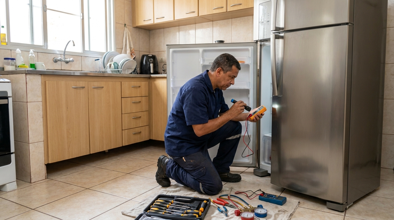 Técnico aplicando recarga de gás refrigerante em geladeira em Montes Claros‑MG
